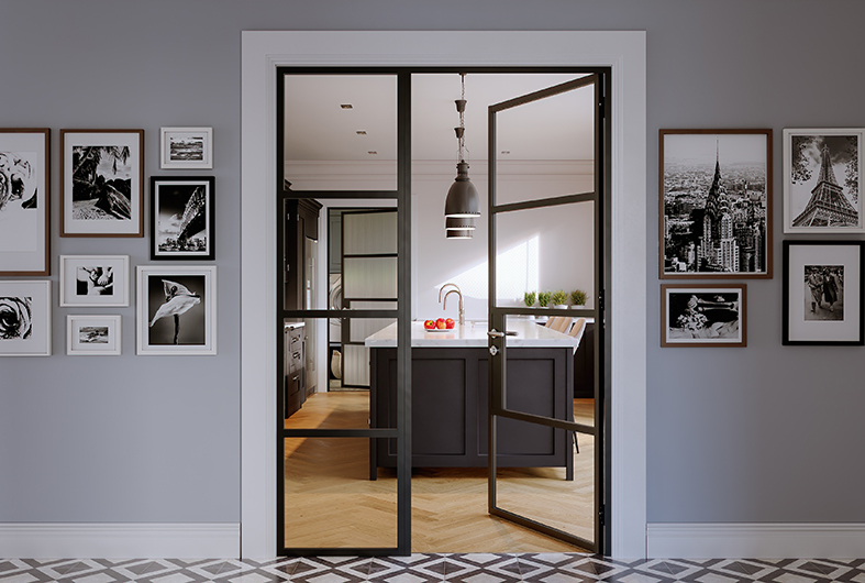French steel look doors leading into kitchen